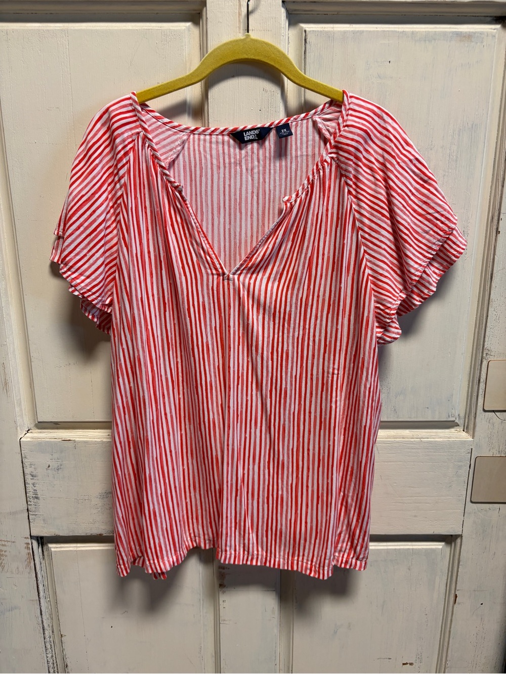 Lands' End Women's Red & White Striped V-Neck Short Sleeve Blouse